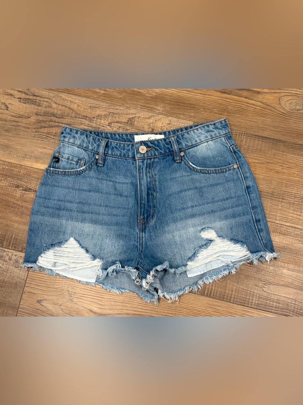 KanCan High-Rise‎ Distressed Blue Denim Shorts with Frayed Hem mini Shorts